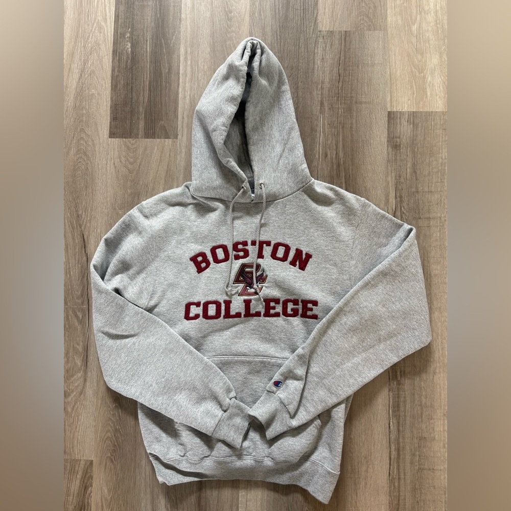 Champion Gray Boston College Crewneck Hoodie with Maroon Lettering
